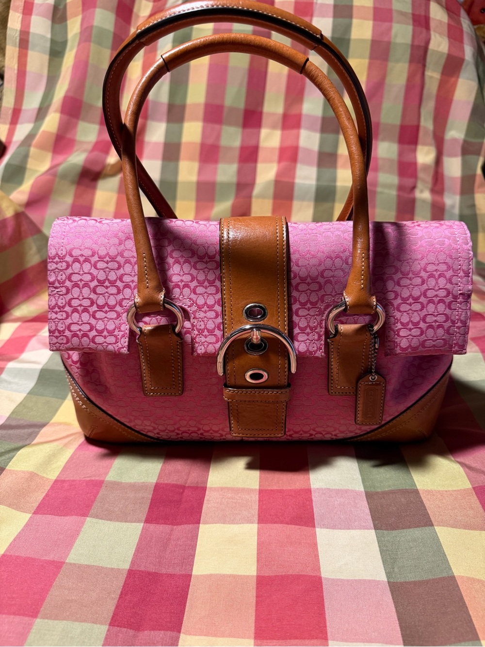 Coach Soho Y2K Pink Signature Canvas Shoulder Bag with Brown Leather Trim F10929